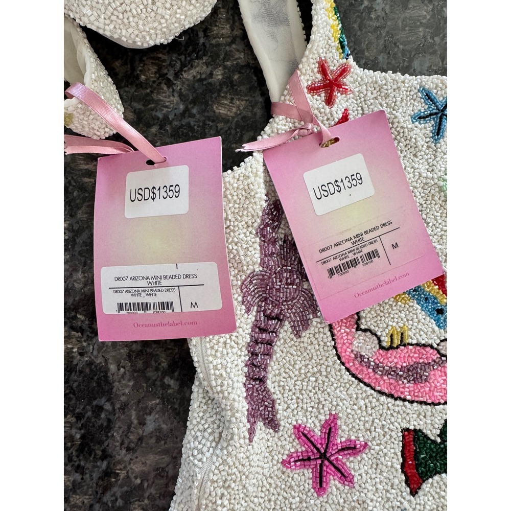 Oceanus The Label Arizona Mini Beaded Dress White Sea Life Fish Lobster New M - Picture 4 of 14